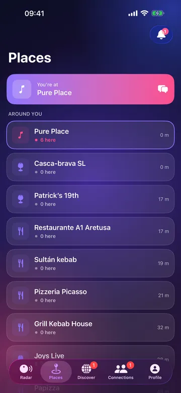 Rowmate Places tab: bars, cafés and restaurants around you with the number of people there